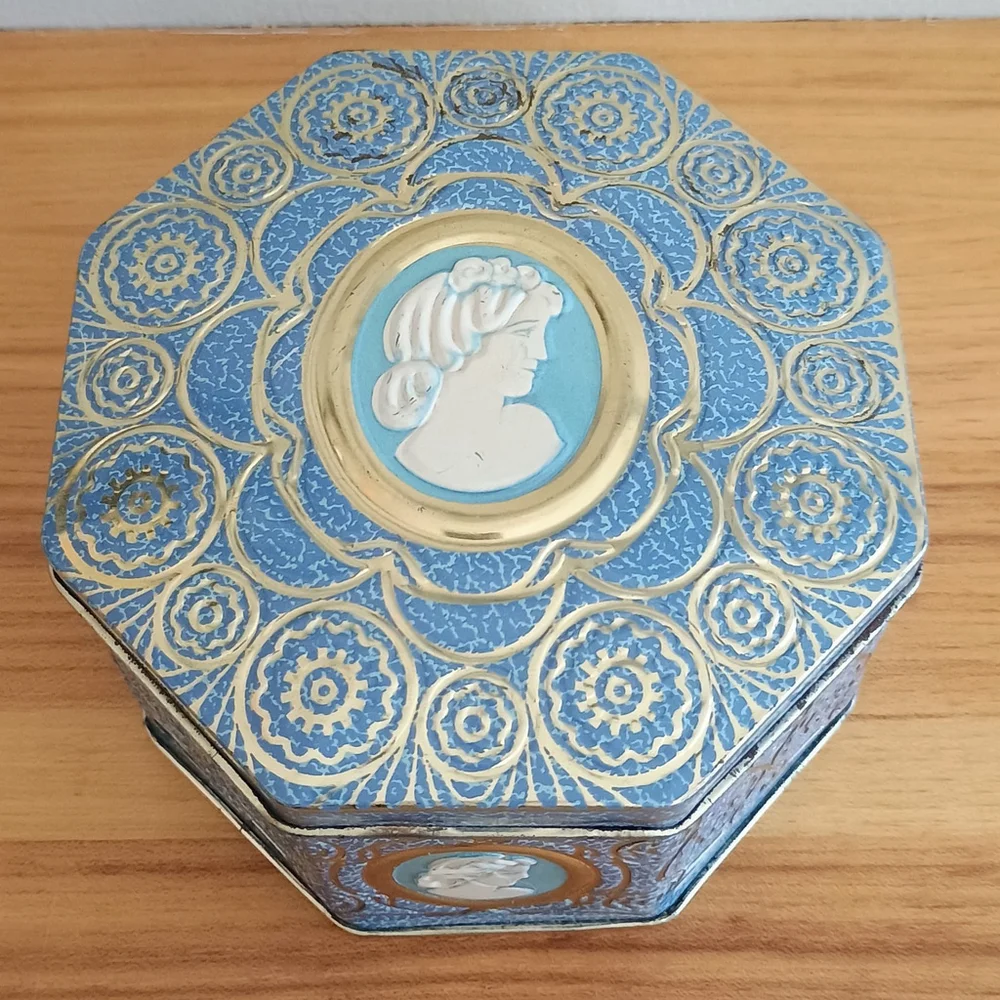 Vintage Octagon Embossed Cameo Drop Candy Tin England Blue White Gold